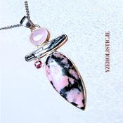 Pink Rhodonite Morganite Black Tourmaline Ruby Crystal Pendant Necklace 925 Sterling Silver image
