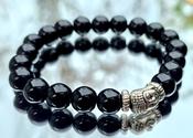 Black Obsidian Natural Stone Bracelet Buddha charm Round bead ±10mm image
