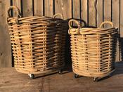 Grey Rattan Log Basket with Wheels Round SET