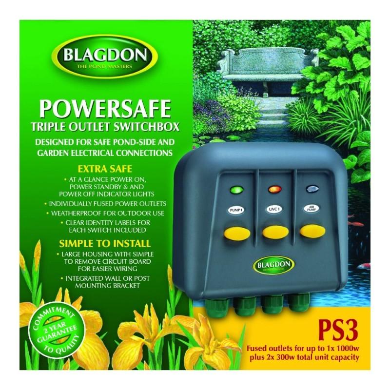 Blagdon Powersafe PS3 Triple Outlet Switchbox - 3 Way, Weatherproof, Indicator Lights, Fused Outlets, 1x 1000W + 2x 300W Capacity, Wall Mount