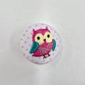 Pink woodland owl embroidered button (32mm)