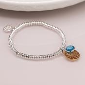 Silver Plated Bead Bracelet with Golden Disc and Aqua Crystal image