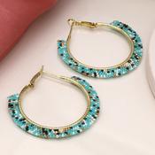 Aqua White and Gold Bead Hoop Earrings image