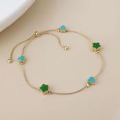Faux Gold Green Mix Flowers Dainty Station Bracelet with Slider Fastening image