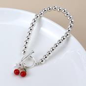 Silver Plated Beaded T-Bar Bracelet with Red Cherries and Star Charms image