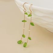 Lyra Golden Chain Earrings with Green Crystal Drops and Pearls