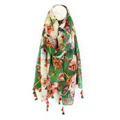 Green/White/Multi Floral Organic Cotton Scarf with Tassels image