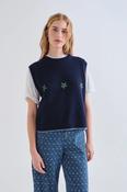 Blue Knit Vest with Floral Embroidered Details - XS