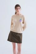 Beige Fine Knit Jumper with Grape Detail - L