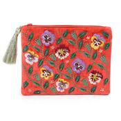 Coral Red Velvet Pansies Embroidered Zip Purse/Pouch