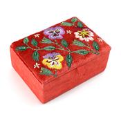 Coral Red Velvet Pansies Embroidered Small Jewellery Box