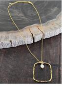 Hammered Rectangular Pendant with Drop Pearl - Gold Plated image