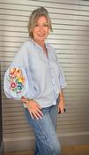 Floral Puffed Sleeves Blouse - Blue - M/L