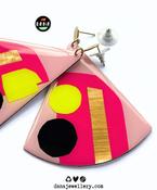 X-large contemporary statement earrings in fuchsia, neon yellow and black, with lush gold detail image