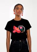 Black T-Shirt with Coral Feather-Embellished Parrot image