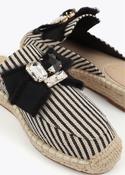 Black &amp;amp; Ecru Striped Flat Slide with Raffia-Effect Sole &amp;amp; Jewel Embellishment image