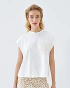 White T-Shirt with Vanilla Crochet Patch &amp;amp; Ribbed Shoulder image