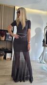 Choco Jersey Ruched Short-Sleeved Dress with Turtleneck and Sheer Skirt image