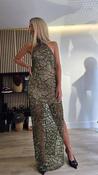 Green Sheer Sequin Halter Maxidress with Nude Bustier Slip image