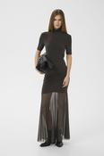Choco Jersey Ruched Short-Sleeved Dress with Turtleneck and Sheer Skirt