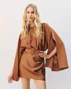 Terracotta Satin Mini Dress with Split Sleeve &amp;amp; Fabric Belt image