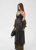 Choco Textured Satin Slip Dress with Lace Trim &amp;amp; Adjustable Straps