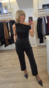 Black Silk Jersey Draped Off-the-Shoulder Top with Gold Brooch image