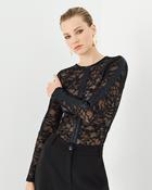 Black Long-Sleeved Lace Bodysuit with Satin Stripe