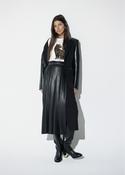 Black Faux Leather &amp;amp; Fabric Pleated Wrap-Effect Midi Skirt with Embellished Waist