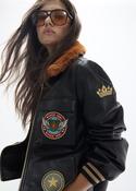 Black Faux Leather Aviator Jacket with Patches &amp;amp; Faux Fur Collar image