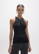 Black Fineknit Sleeveless Top with Crystal Bow Applique