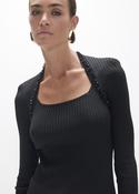 Black Ribbed Long-Sleeved Top with Embellished Neckline image