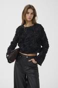 Black Cropped Long-Sleeved Top with 3D Textured Rosette