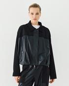 Black Faux Leather &amp;amp; Faux Suede Bomber Jacket with Exaggerated Shoulder image
