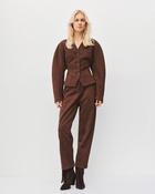 Brown Faux Suede Collarless Structured Blazer with Balloon Sleeve