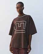 Brown Neoprene Over-Sized Slogan T-Shirt with Studs