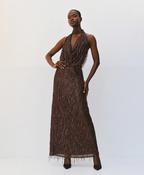 Chocolate Sequin Halter Maxidress with Draped Front