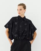 Black Cropped Balloon Shirt with Embroidered Sequins