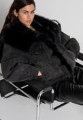 Black Quilted Denim Jacket with Mid Wash and Detachable Faux Fur Collar