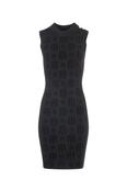 Black Knit Sleeveless Dress with Monogram Print and Gold Buttons on Shoulder image