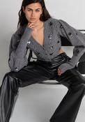 Grey Melange Cable Knit Cropped Cardigan with Embellishment