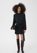 Black Draped Self-Print Short Dress with Long Sleeve