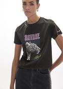 Faded Black Slogan T-Shirt with Flat Stud Embellishment