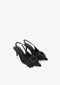 Black Fabric Pointy Slingback Shoe with Bow &amp;amp; Embellished Buckle