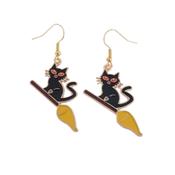 Cat And Broom Halloween Fashion Earrings
