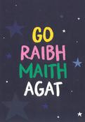 Go Raibh Maith Agat (téacs ildaite, cúlra dúghorm le réaltaí)