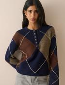 Navy Argyle Ribbed Trim Henley Jumper image