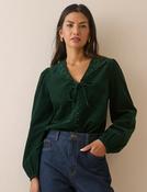 Forest Green Floral Embroidered Collar Cord Blouse image