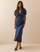 Navy Jacquard Floral Satin Nicolette Midi Dress | Sixty Three Boutique