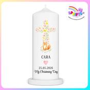 Personalised Girl’s Christening Candle with Woodland Fox Floral Cross – Ireland